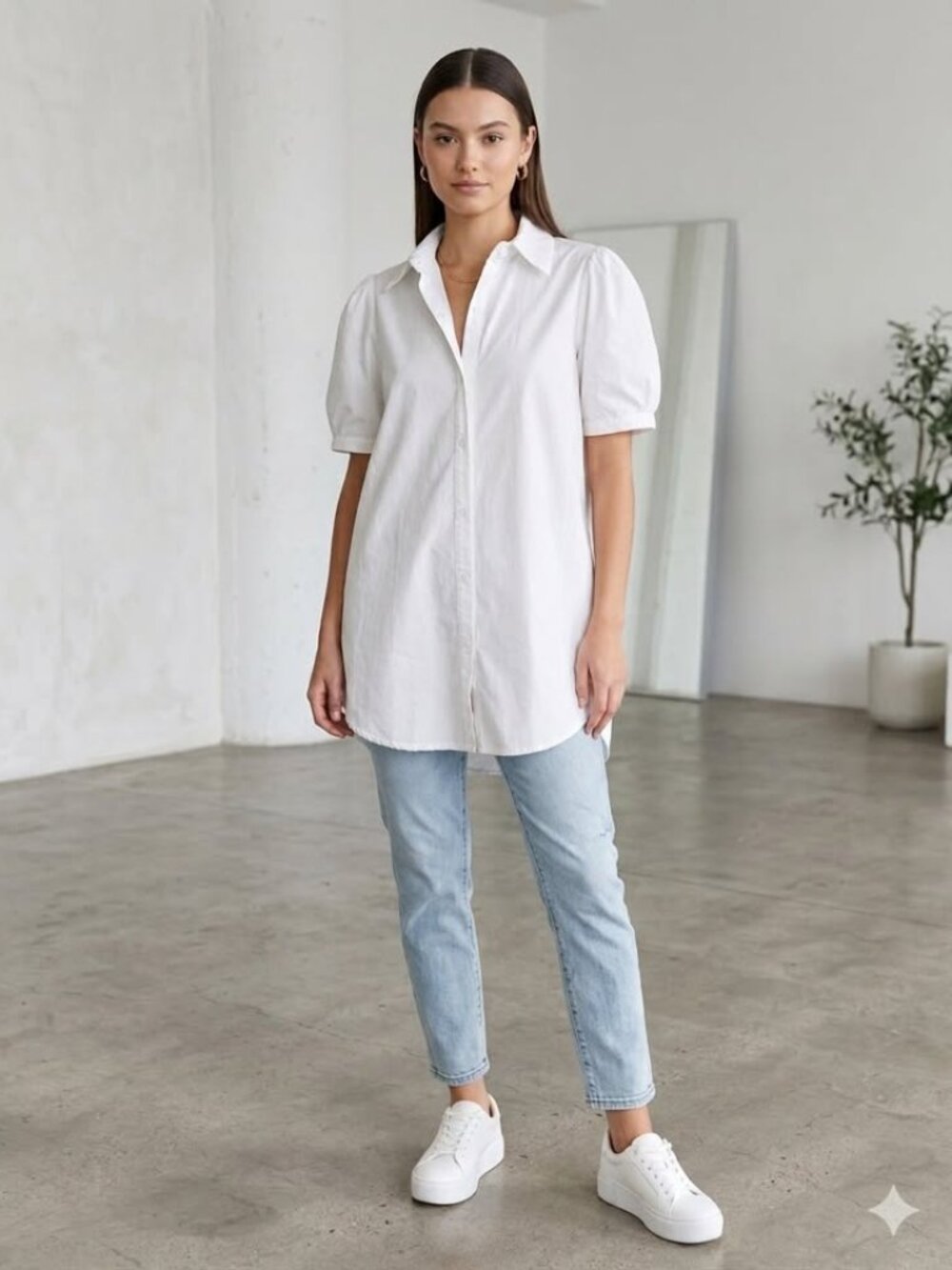 White Short Sleeve Button Up Long Tunic Poplin Shirt Kate Hewko, Large